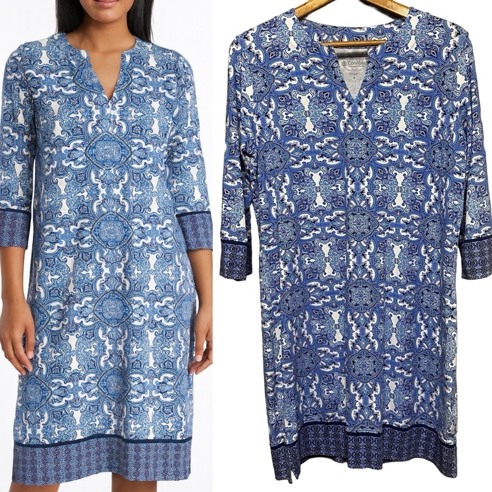 Coolibar Blue Paisley Oceanside Cotton 3/4 Sleeve UPF 50+ Tunic Dress Medium